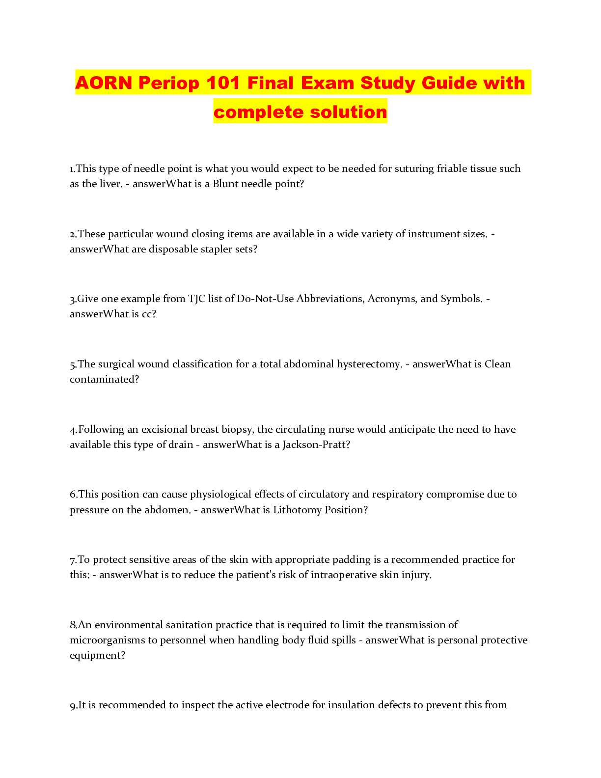 Preview image of AORN Periop 101 Final Exam Study Guide with complete solution document